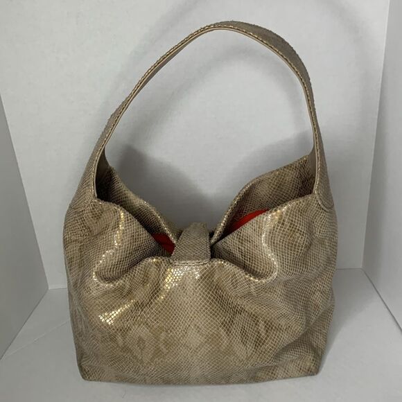 Dooney & Bourke Belvedere gold snakeskin textured leather Logo Lock hobo bag - Picture 4 of 14
